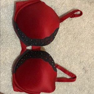 Red bra with black lace. Size 38DD